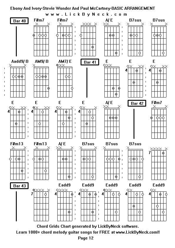 Chord Grids Chart of chord melody fingerstyle guitar song-Ebony And Ivory-Stevie Wonder And Paul McCartney-BASIC ARRANGEMENT,generated by LickByNeck software.